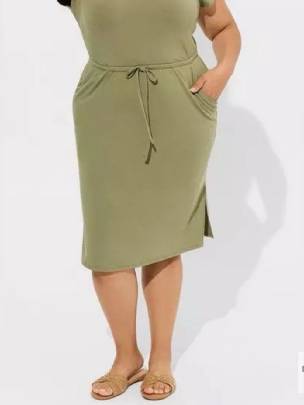 Torrid Olive Green Midi Dress 1X Cinched Waist Pockets Casual Stretch